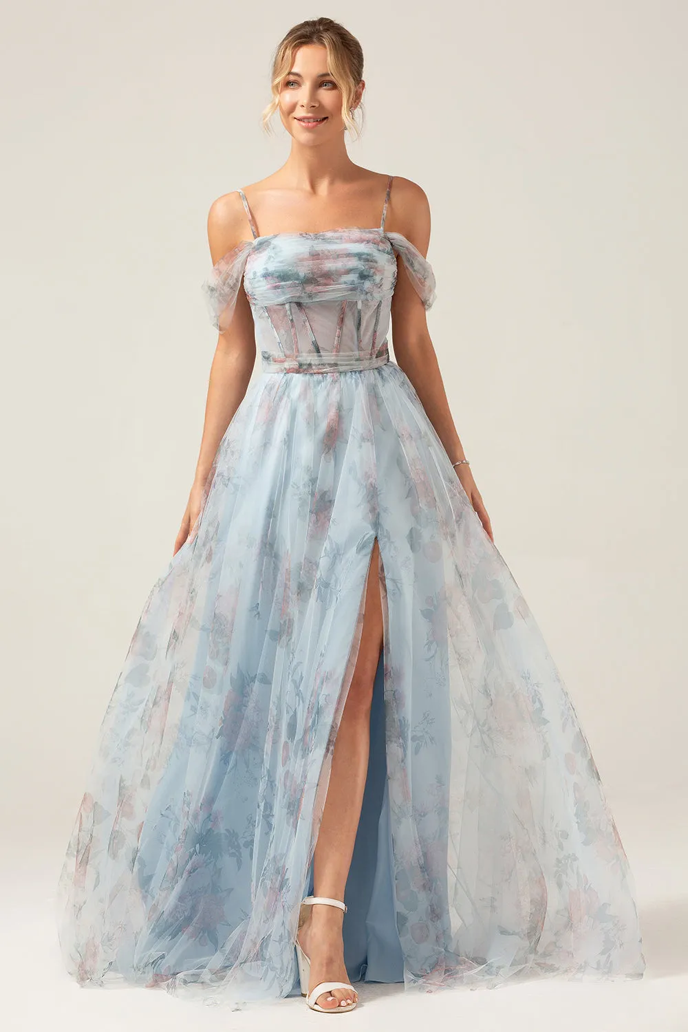 Cold Shoulder A-Line Blue Printed Long Corset Prom Dress with Slit sold by Zapaka
