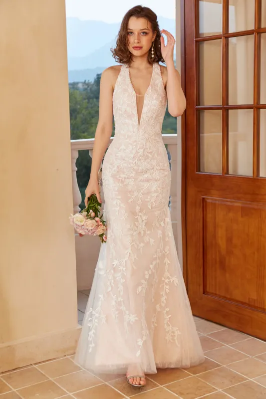 Mermaid Deep V Neck White Lace Wedding Dress with Appliques sold by Zapaka
