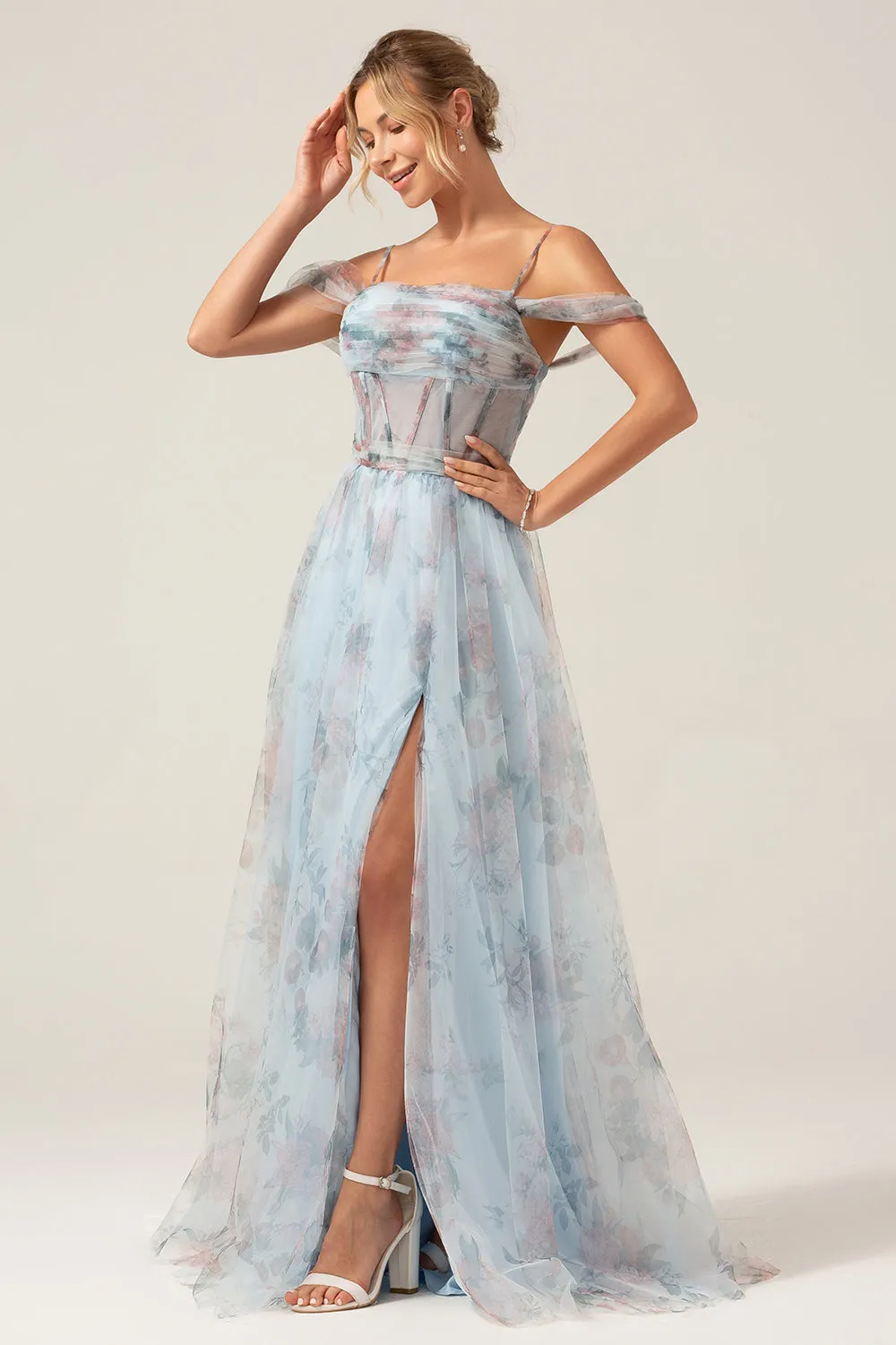 Cold Shoulder A-Line Blue Printed Long Corset Prom Dress with Slit sold by Zapaka product image thumbnail 5