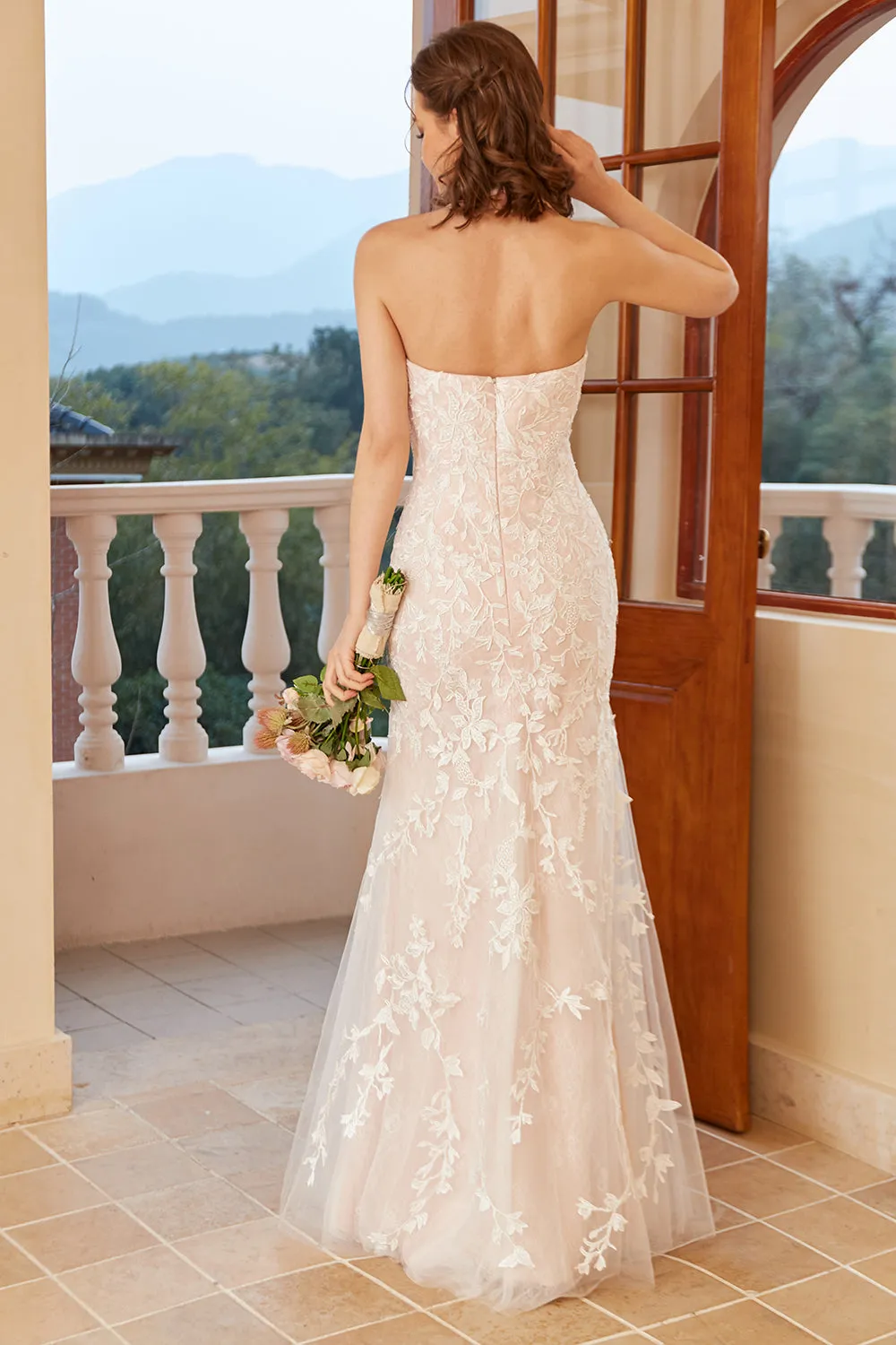 Mermaid Deep V Neck White Lace Wedding Dress with Appliques sold by Zapaka product image thumbnail 2