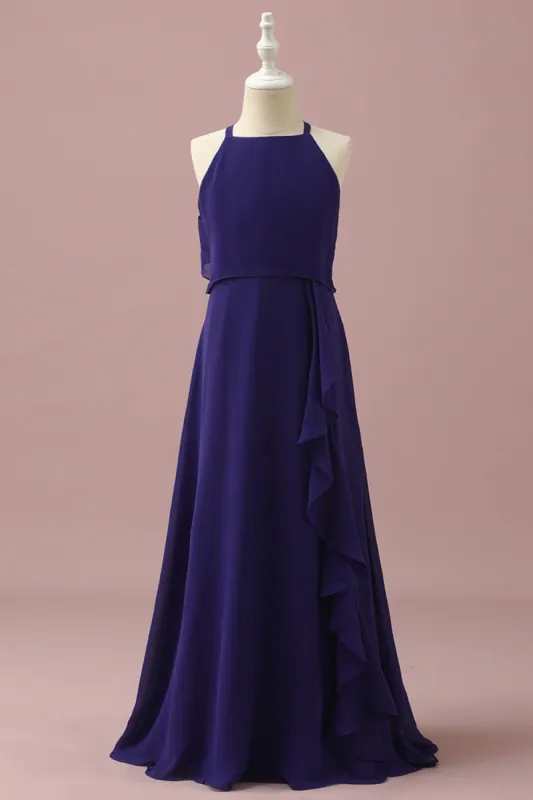 Purple Halter Chiffon Junior Bridesmaid Dress With Cascading Ruffles sold by Zapaka