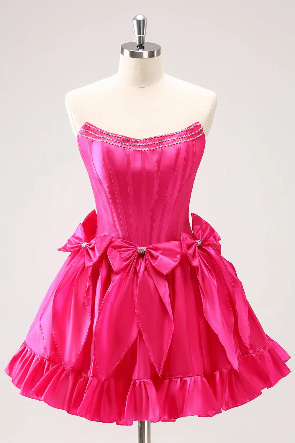 Fuchsia A Line Strapless Corset Short Homecoming Dress With Bows sold by Zapaka