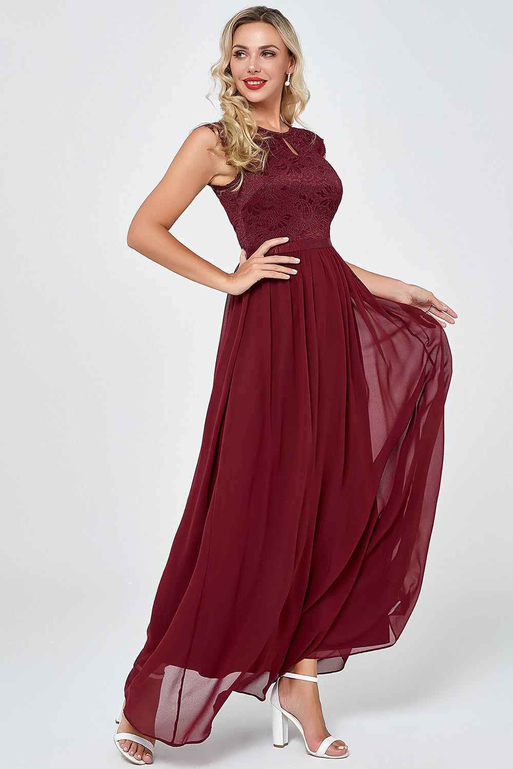 Burgundy Long Chiffon Formal Party Dress with Lace sold by Zapaka product image thumbnail 5