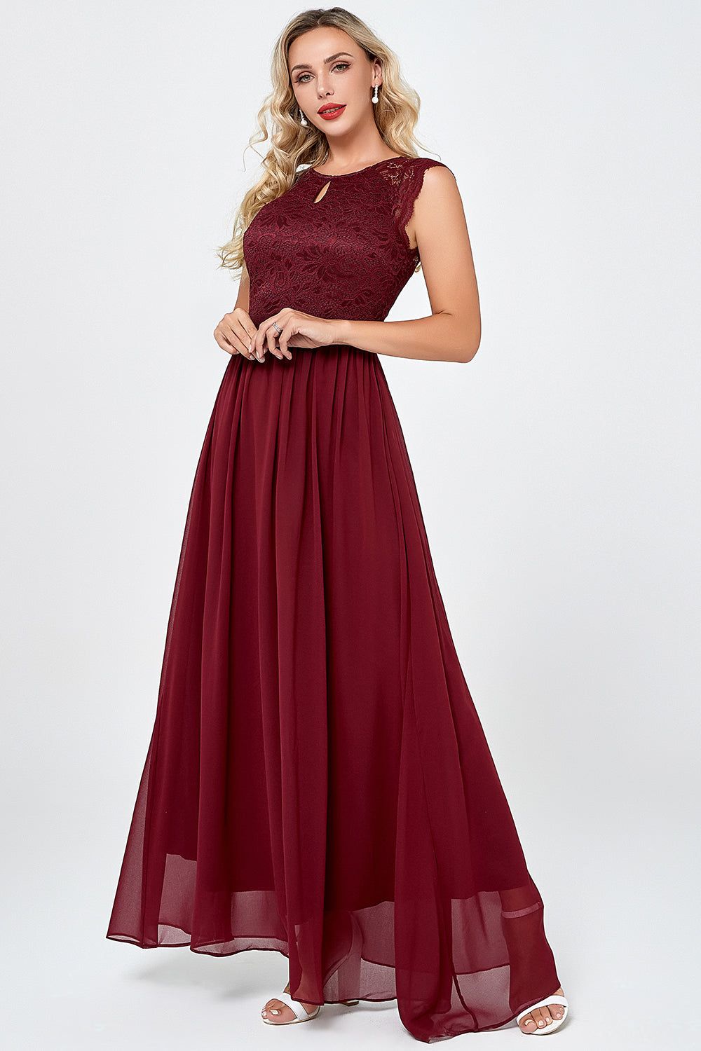 Burgundy Long Chiffon Formal Party Dress with Lace sold by Zapaka product image thumbnail 6