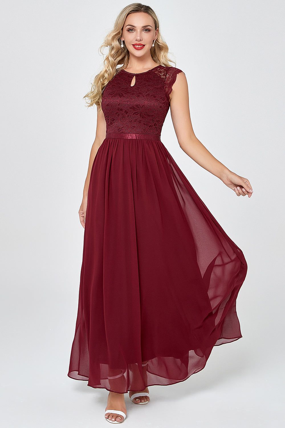 Burgundy Long Chiffon Formal Party Dress with Lace sold by Zapaka