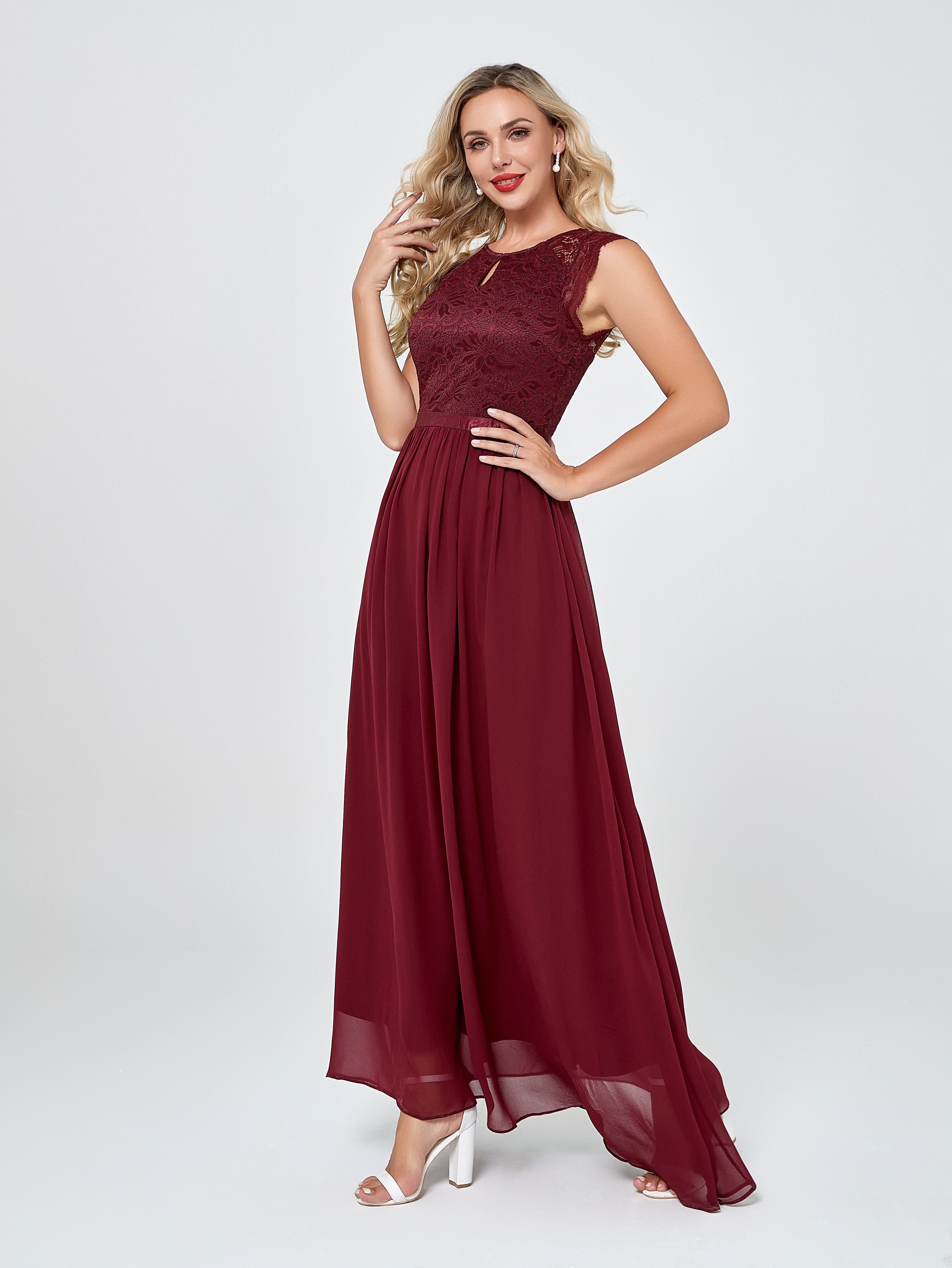 Burgundy Long Chiffon Formal Party Dress with Lace sold by Zapaka product image thumbnail 3
