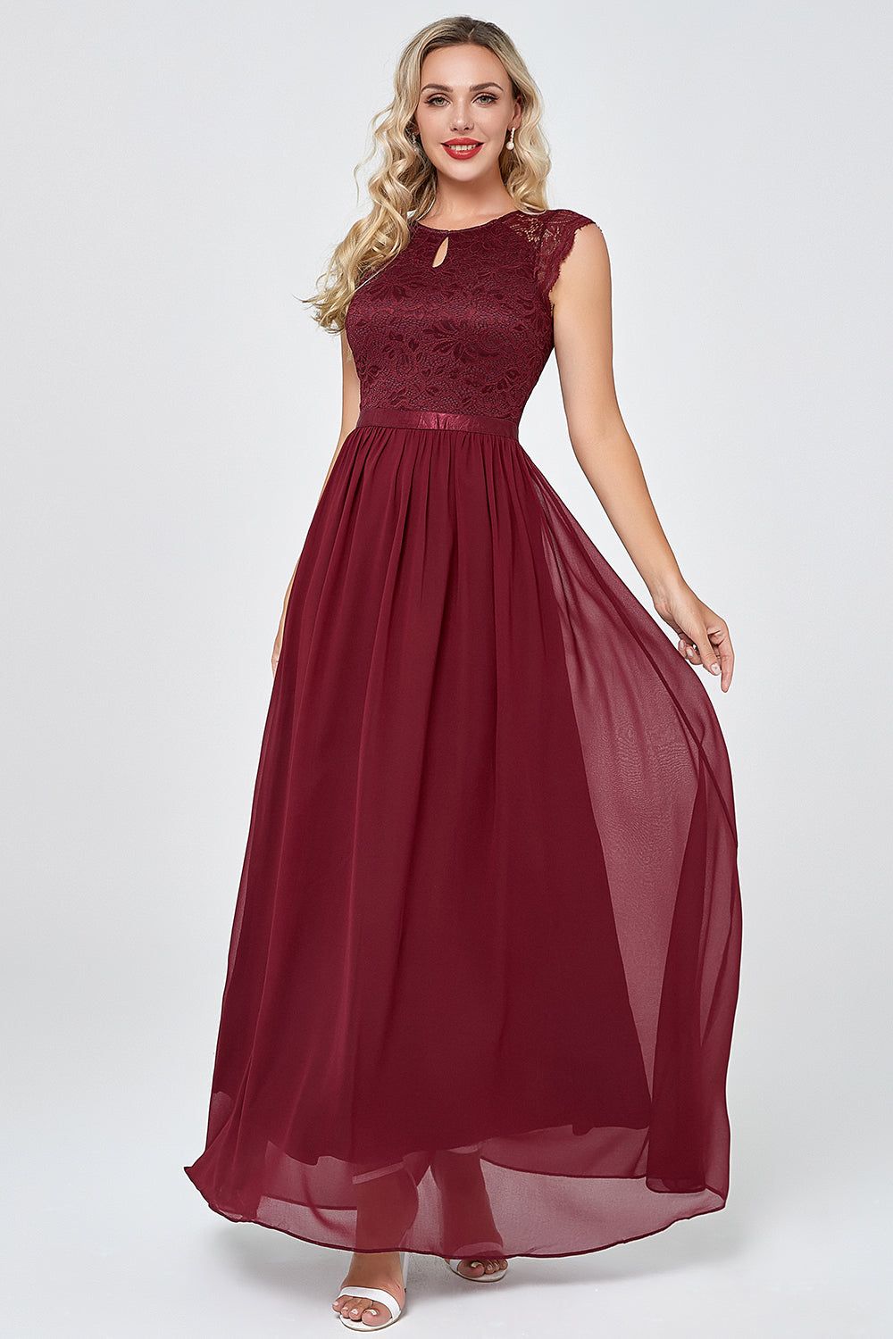 Burgundy Long Chiffon Formal Party Dress with Lace sold by Zapaka product image thumbnail 4