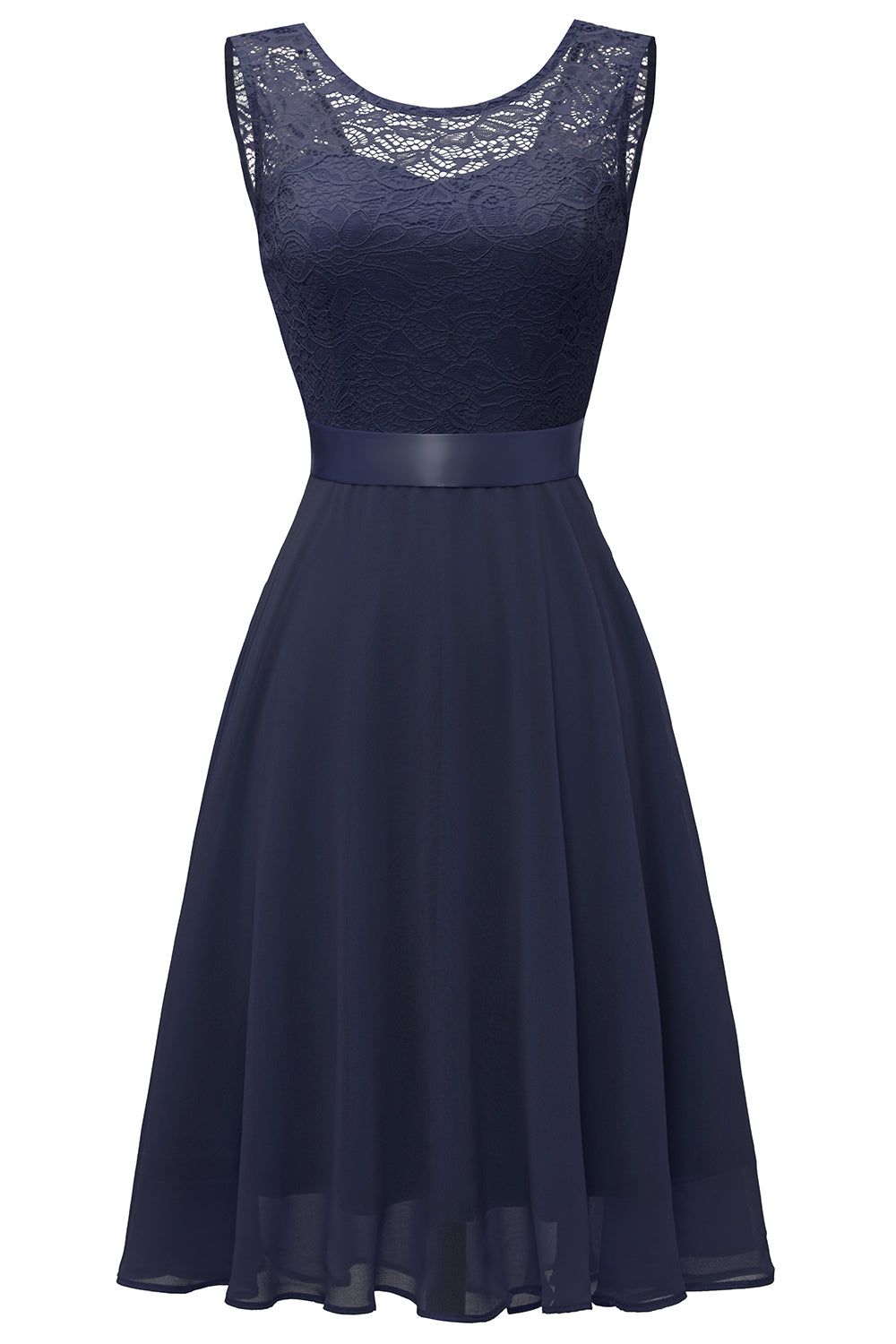 Navy Round Neck Lace Dress with Open Back sold by Zapaka