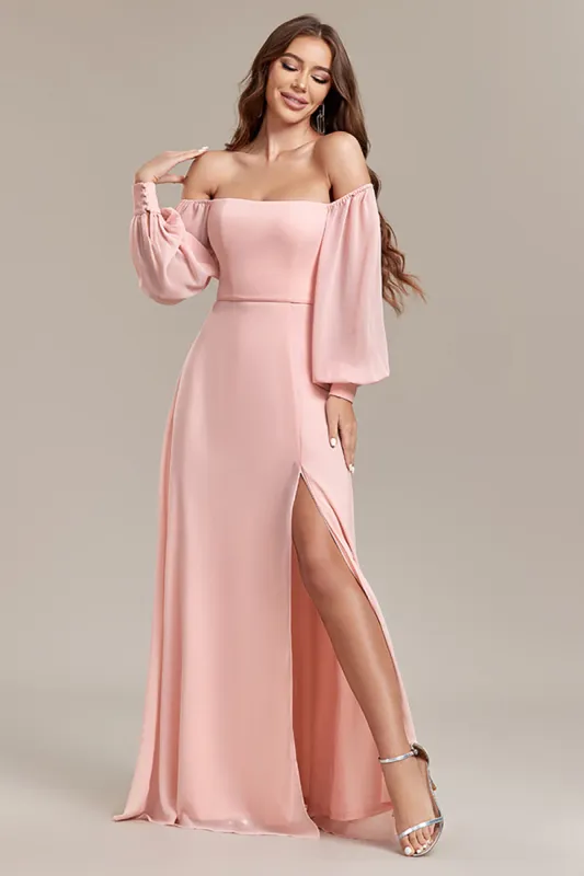 Blush A-Line Off the Shoulder Long Formal Dress with Slit sold by Zapaka
