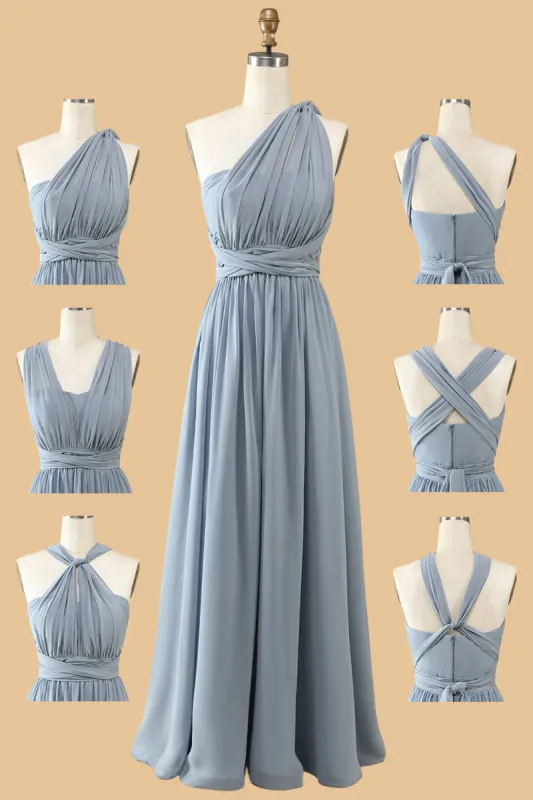 A Line One Shoulder V Neck Halter Neck Floor Length Grey Blue Bridesmaid Dress sold by Zapaka