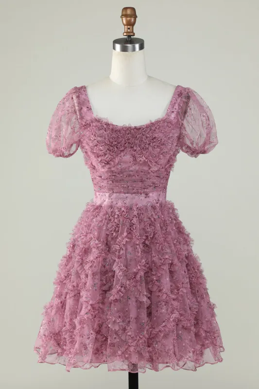 Gorgeous A Line Floral Dusty Rose Homecoming Dress with Ruffles made by Zapaka