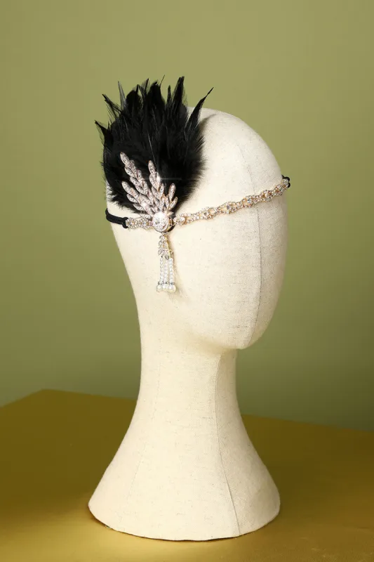 Black Beaded Feather Pearl 1920s Flapper Headband sold by Zapaka