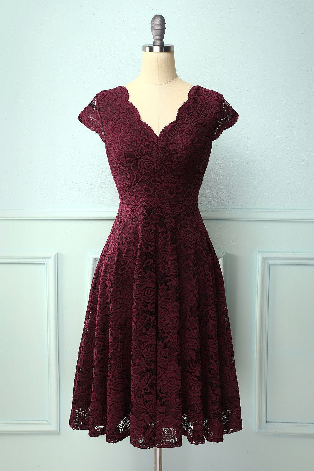 Burgundy V Neck Midi Lace sold by Zapaka