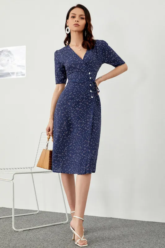 Navy Polka Dots Midi Summer Wrap Dress sold by Zapaka