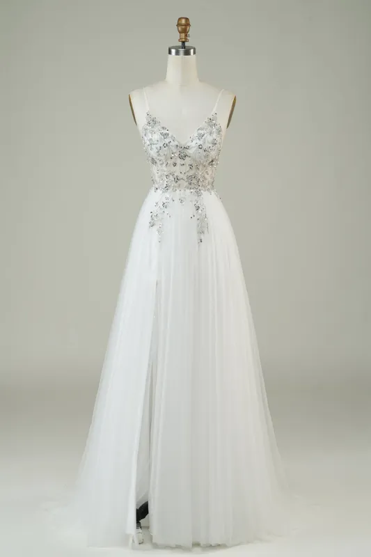 Gorgeous A Line Spaghetti Straps White Tulle Long Wedding Dress with Beading sold by Zapaka