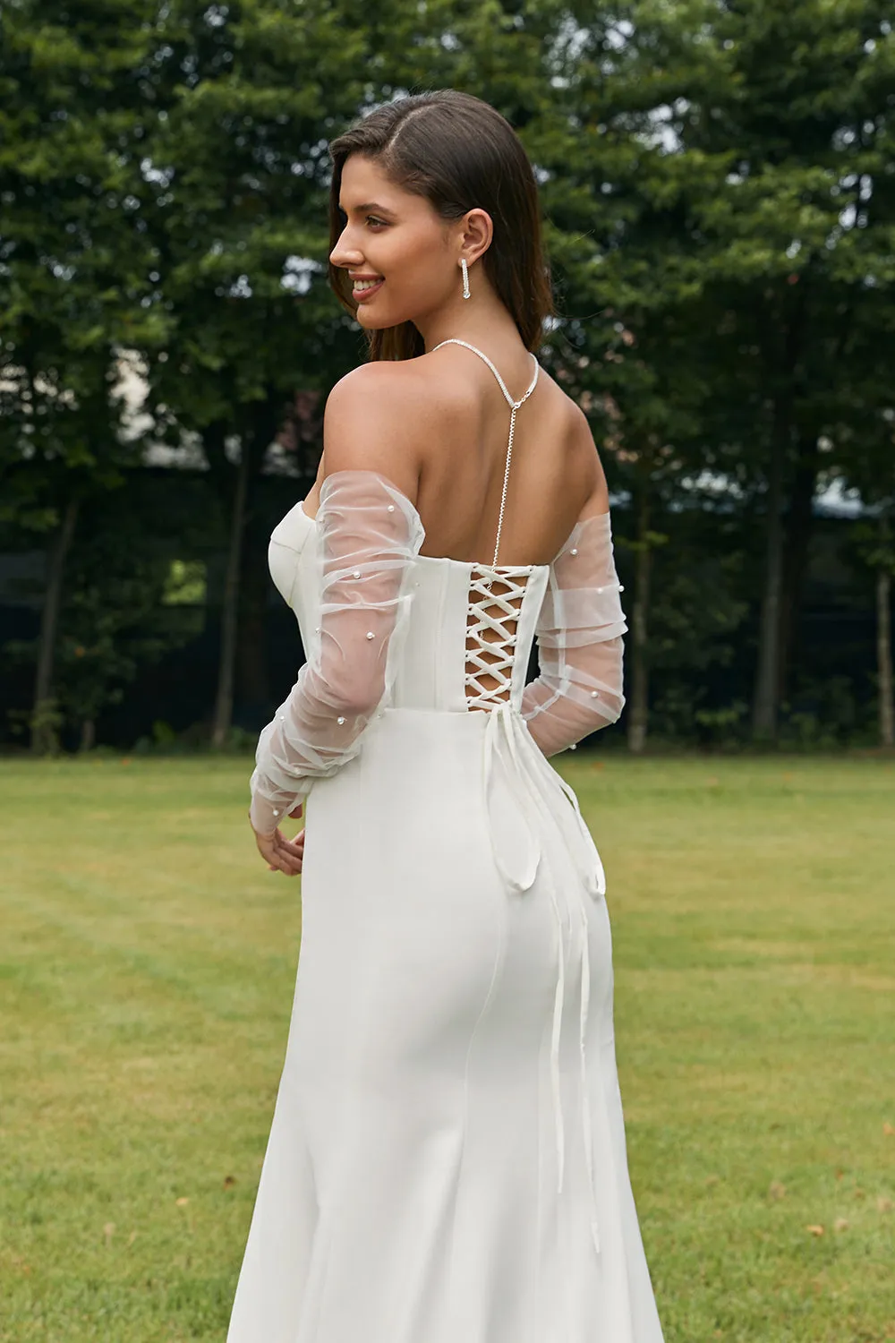Simple Ivory Detachable Illusion Long Sleeves Mermaid Wedding Dress with Slit sold by Zapaka product image thumbnail 2