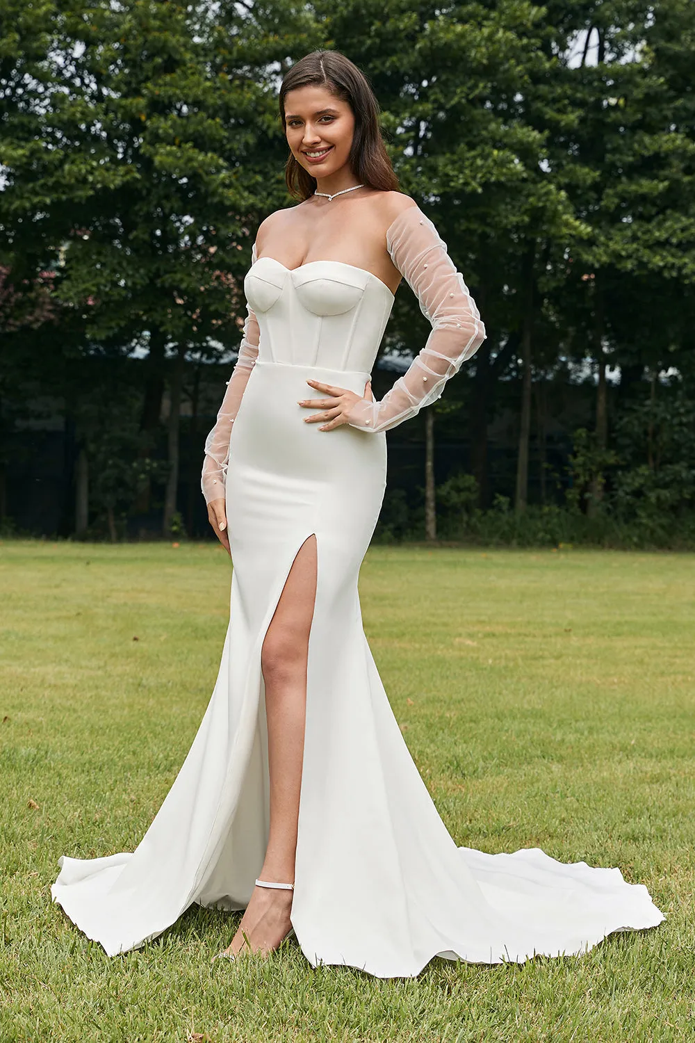 Simple Ivory Detachable Illusion Long Sleeves Mermaid Wedding Dress with Slit sold by Zapaka