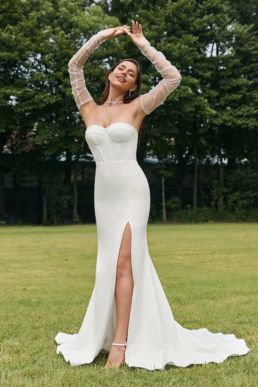 Simple Ivory Detachable Illusion Long Sleeves Mermaid Wedding Dress with Slit sold by Zapaka product image thumbnail 4