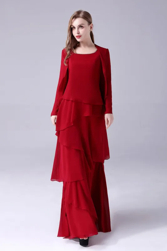 Burgundy A-Line Scoop Neck Chiffon Floor-Length Mother Of the Bride Dress sold by Zapaka