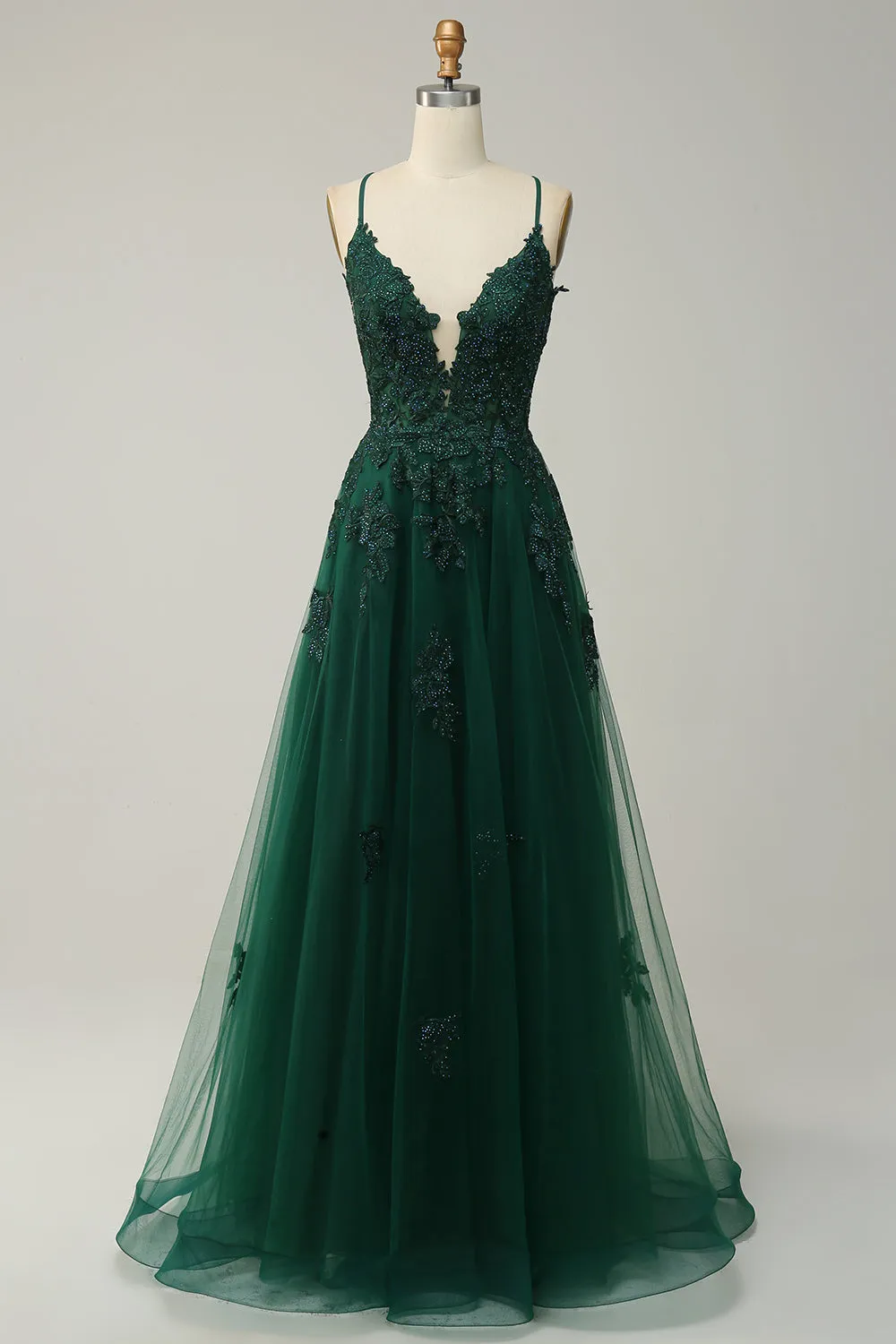 A Line Spaghetti Straps Dark Green Long Prom Dress with Criss Cross Back sold by Zapaka