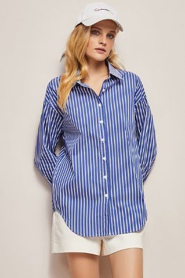 Blue Oversized Women Poplin Shirt sold by Zapaka