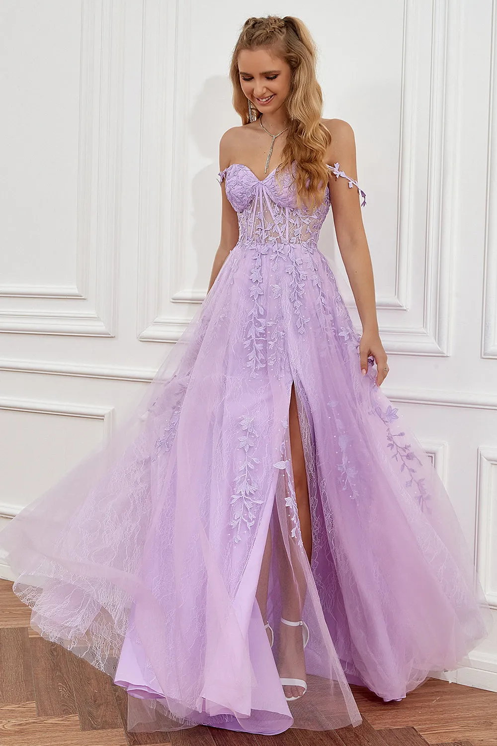 Purple Off the Shoulder Long Prom Dress with Appliques sold by Zapaka