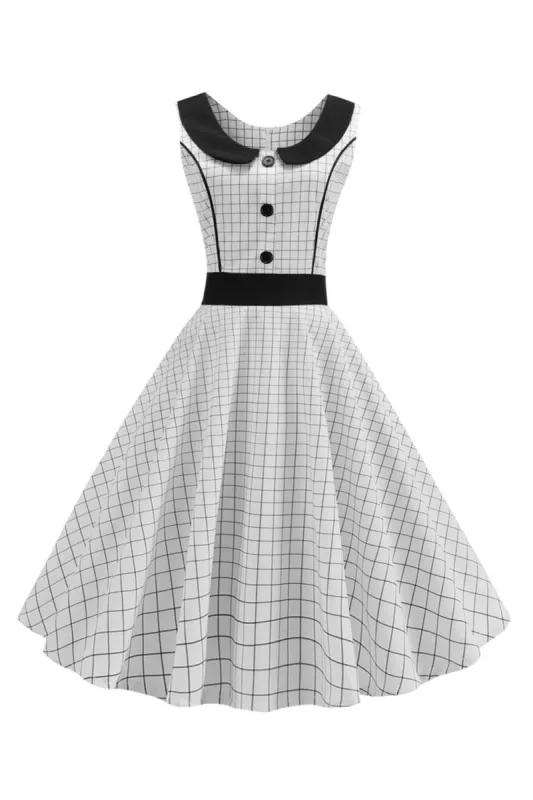 White Sleeveless Plaid 1950s Dress with Button sold by Zapaka