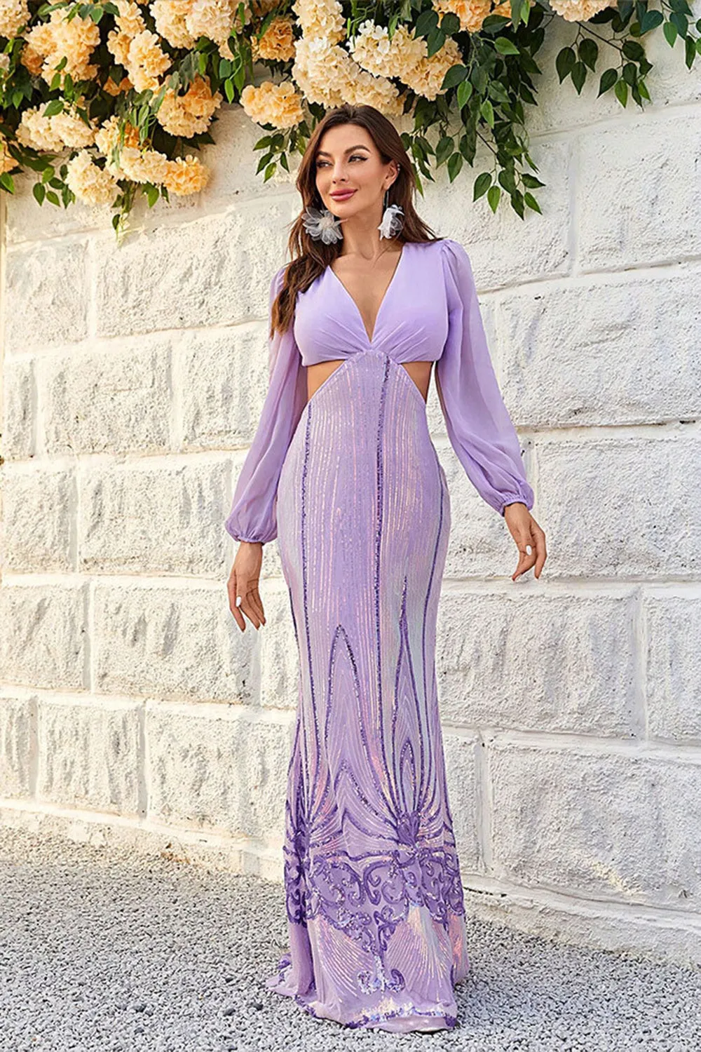 Purple Cut Out Sequins Long Sleeves Prom Dress with Lace-up Back sold by Zapaka