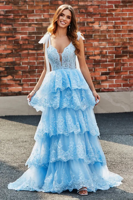 Tiered Tulle Sweetheart Bow Tie Straps Blue Sequin Prom Dress with Appliques made by Zapaka