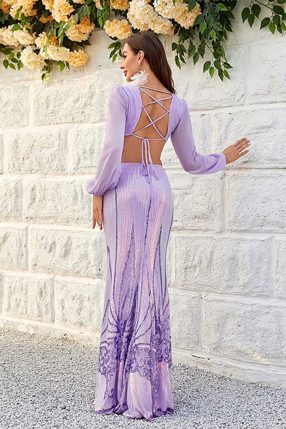 Purple Cut Out Sequins Long Sleeves Prom Dress with Lace-up Back sold by Zapaka product image thumbnail 2
