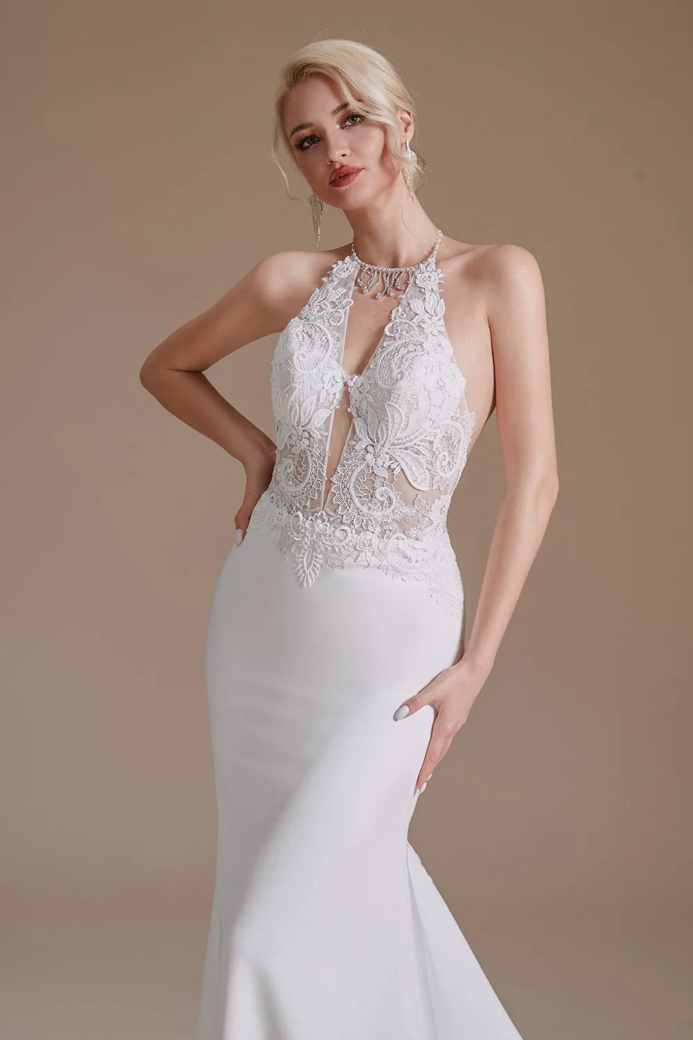 White Mermaid Halter Backless Sweep Train Wedding Dress with Lace sold by Zapaka product image thumbnail 3