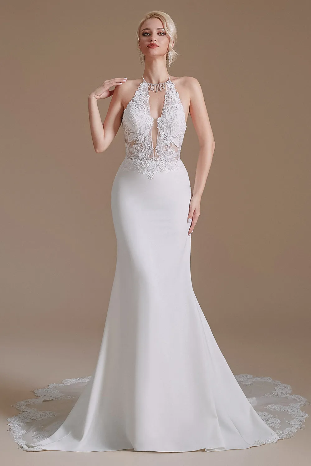 White Mermaid Halter Backless Sweep Train Wedding Dress with Lace sold by Zapaka