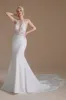 White Mermaid Halter Backless Sweep Train Wedding Dress with Lace sold by Zapaka