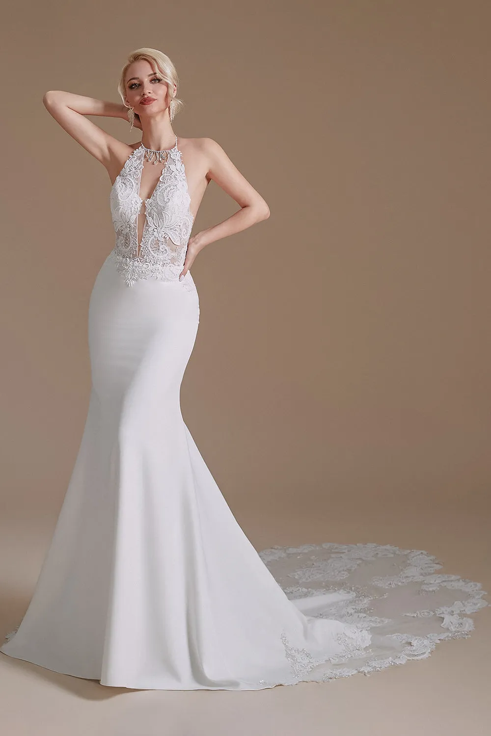 White Mermaid Halter Backless Sweep Train Wedding Dress with Lace sold by Zapaka product image thumbnail 5