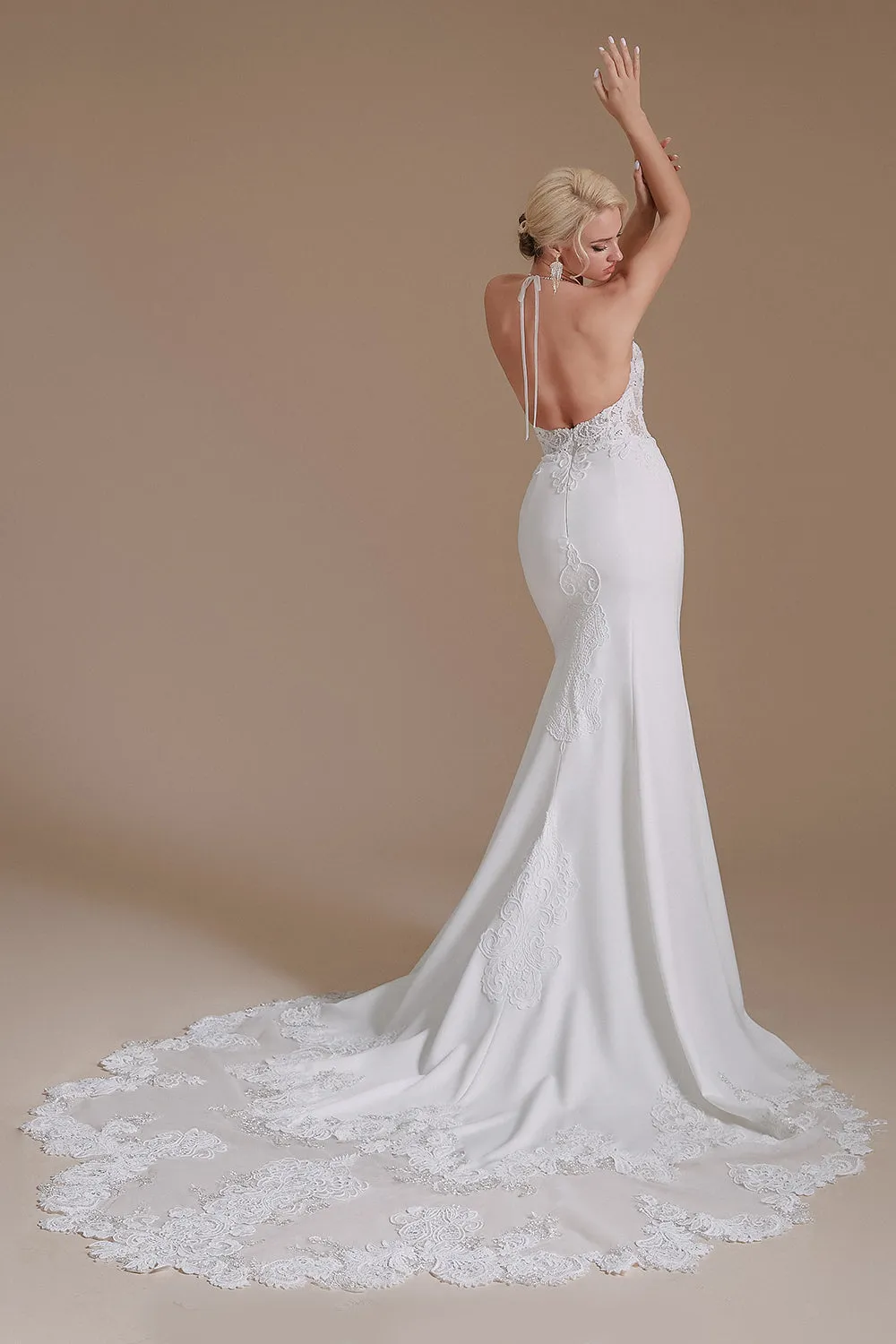 White Mermaid Halter Backless Sweep Train Wedding Dress with Lace sold by Zapaka product image thumbnail 2