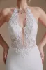 White Mermaid Halter Backless Sweep Train Wedding Dress with Lace sold by Zapaka
