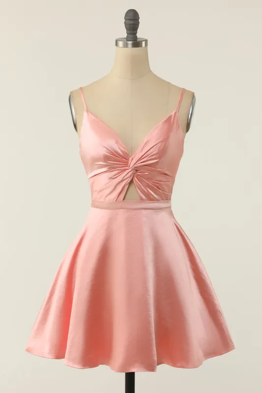 A Line Spaghetti Straps Blush Short Homecoming Party Dress sold by Zapaka