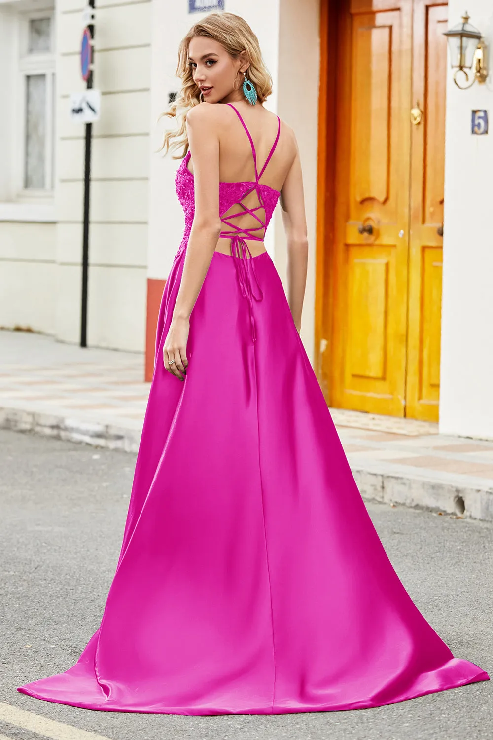 Fuchsia A Line Spaghetti Straps Long Prom Dress with Appliques sold by Zapaka product image thumbnail 2