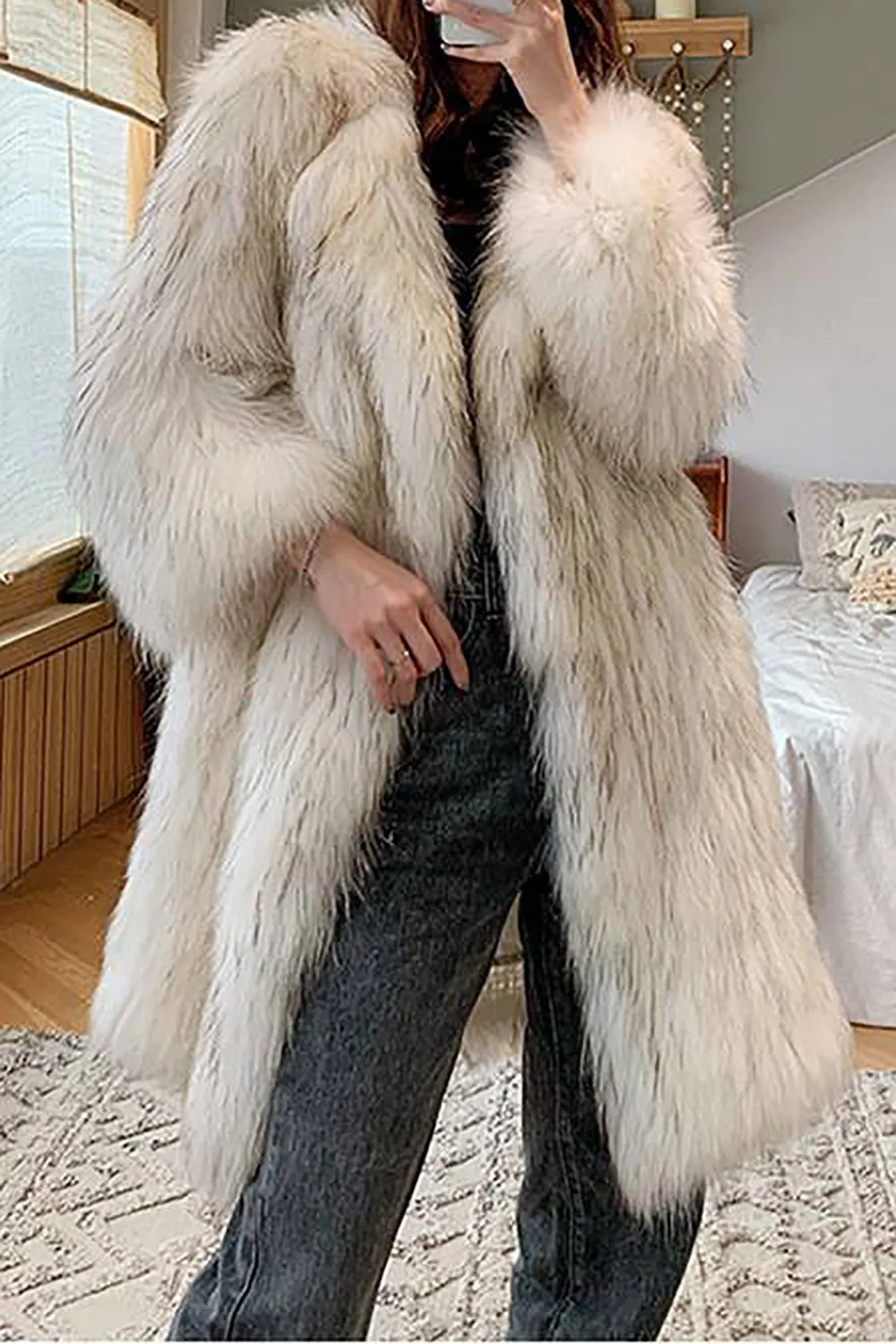 White Open Front Fluffy Long Shearling Faux Fur Coat sold by Zapaka