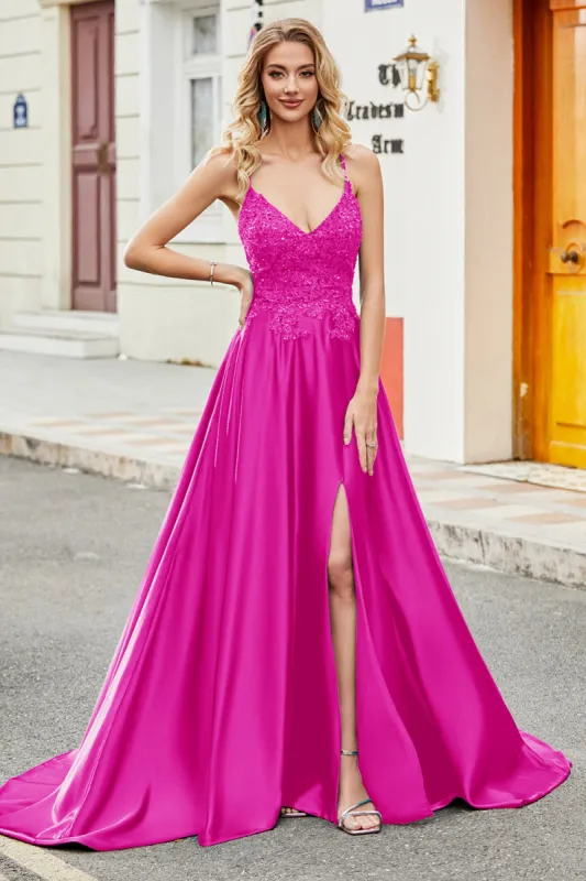 Fuchsia A Line Spaghetti Straps Long Prom Dress with Appliques sold by Zapaka
