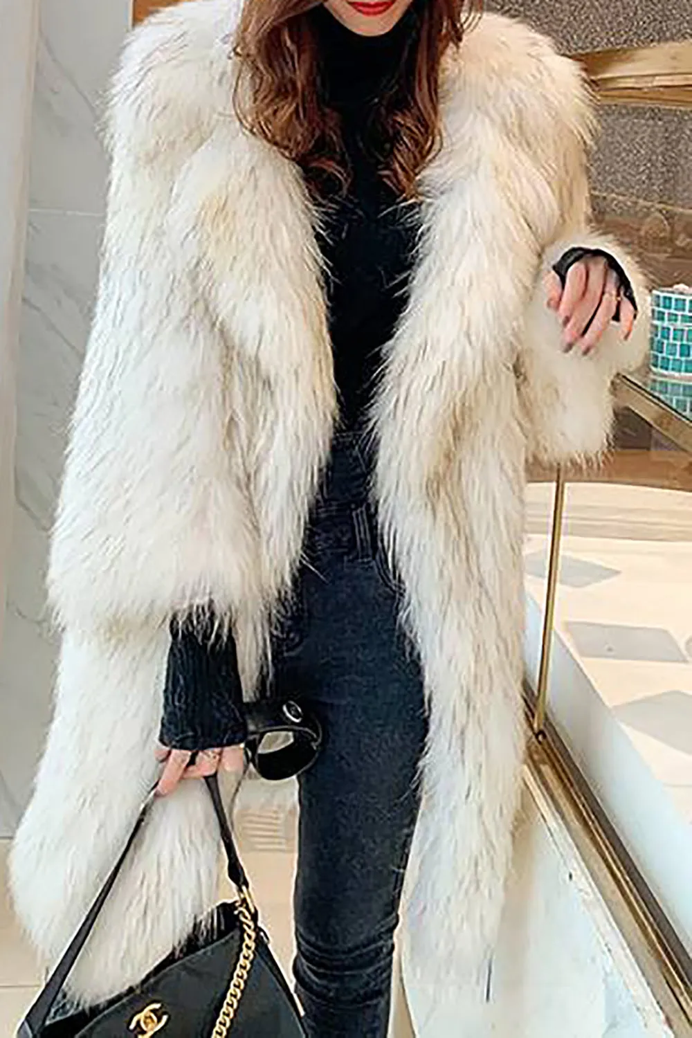 White Open Front Fluffy Long Shearling Faux Fur Coat sold by Zapaka product image thumbnail 3