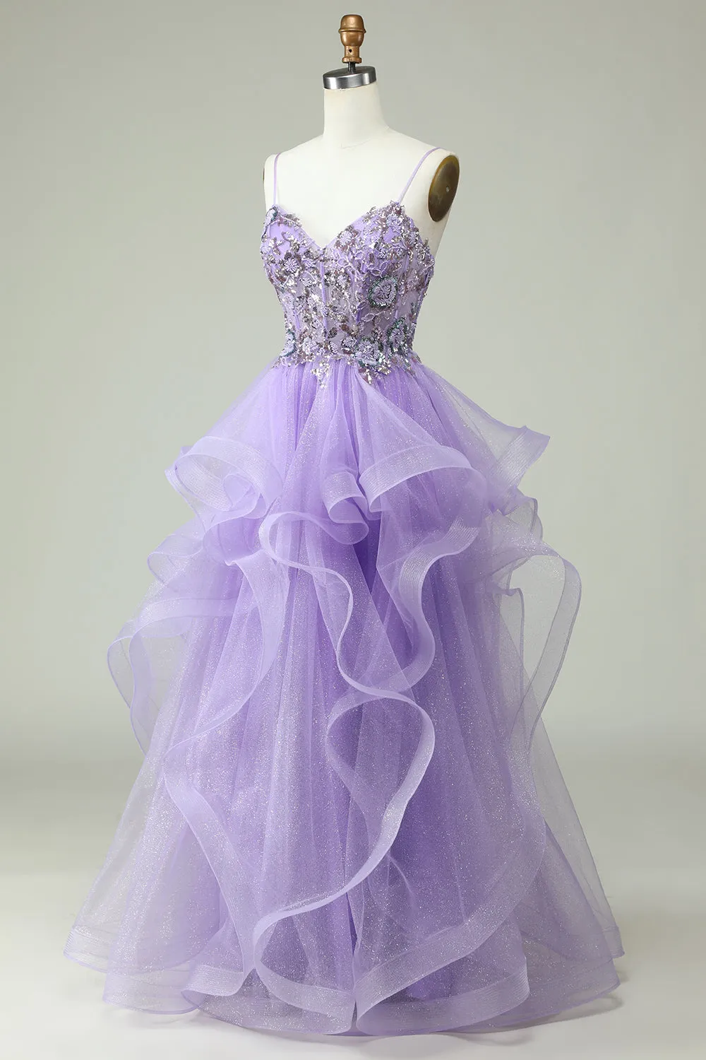 A Line Spaghetti Straps Purple Long Prom Dress with Appliques sold by Zapaka product image thumbnail 3