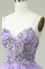A Line Spaghetti Straps Purple Long Prom Dress with Appliques sold by Zapaka