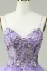 A Line Spaghetti Straps Purple Long Prom Dress with Appliques sold by Zapaka