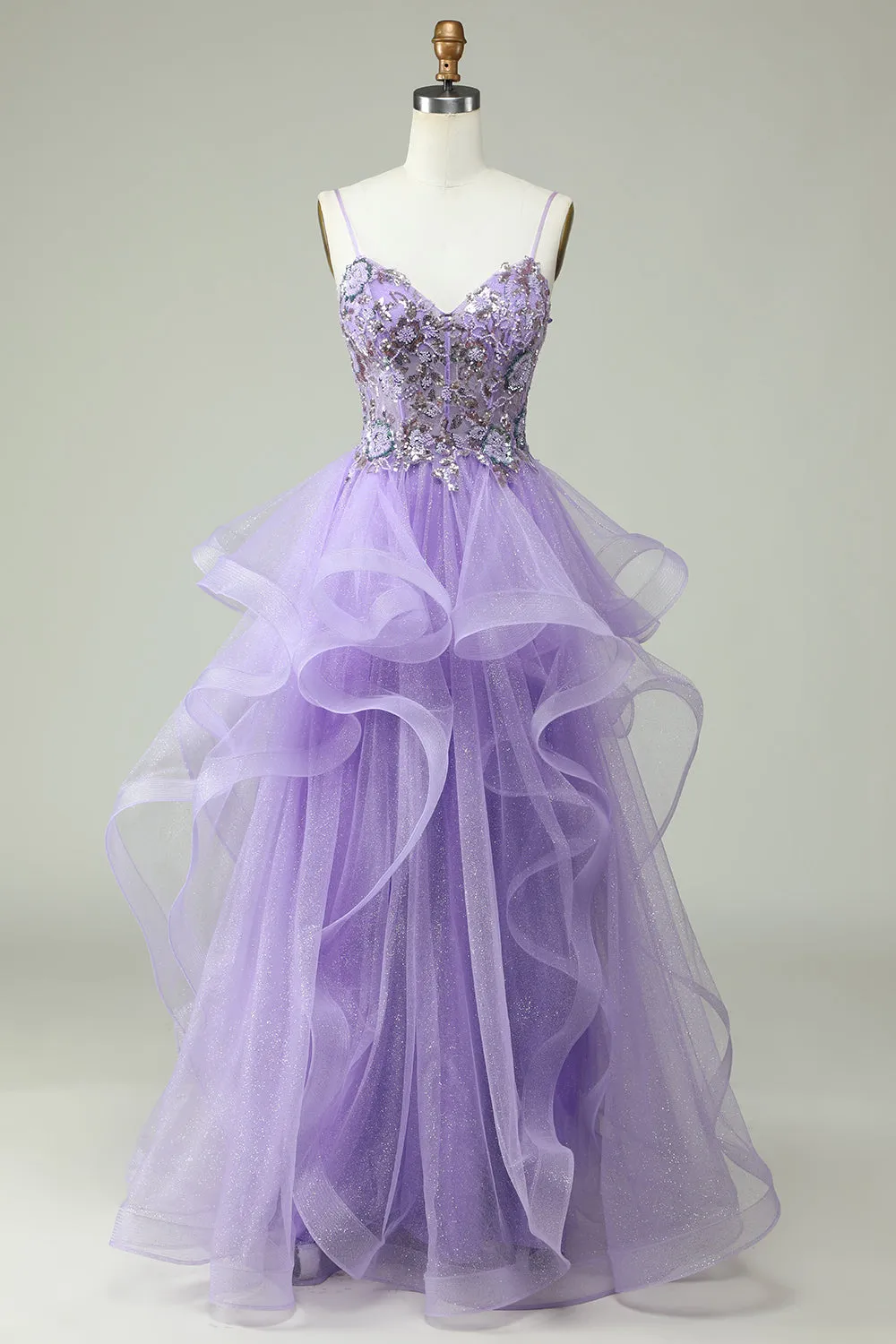 A Line Spaghetti Straps Purple Long Prom Dress with Appliques sold by Zapaka