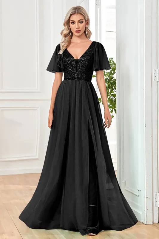 Tulle A-Line Sequins Black Formal Dress with Slit sold by Zapaka
