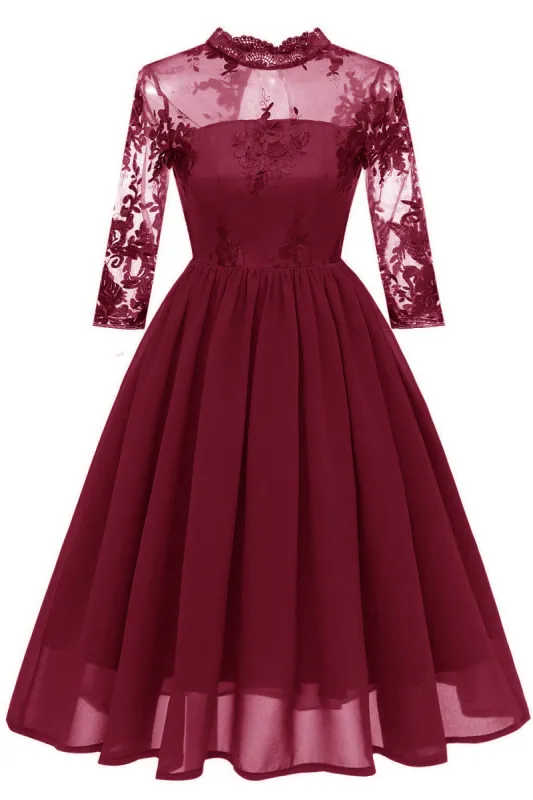 Burgundy Long Sleeves Lace Dress sold by Zapaka