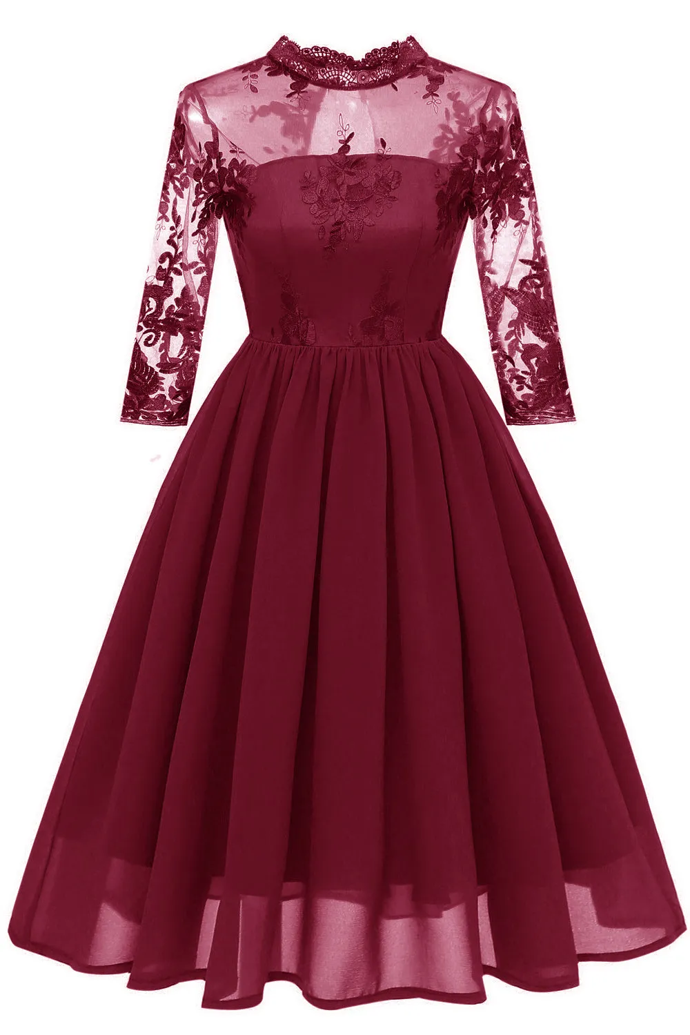 Burgundy Long Sleeves Lace Dress sold by Zapaka