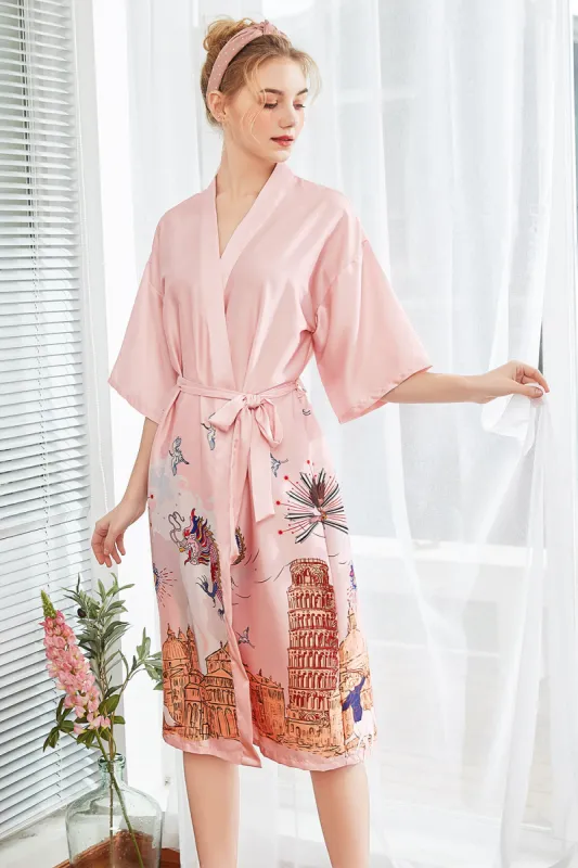 Blush Printed Satin Bridal Robes Kimono sold by Zapaka