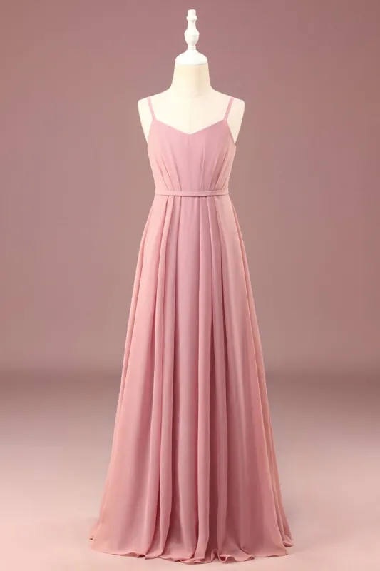 Dusty Rose A-line Chiffon Spaghetti Straps Long Pleated Junior Bridesmaid Dress sold by Zapaka